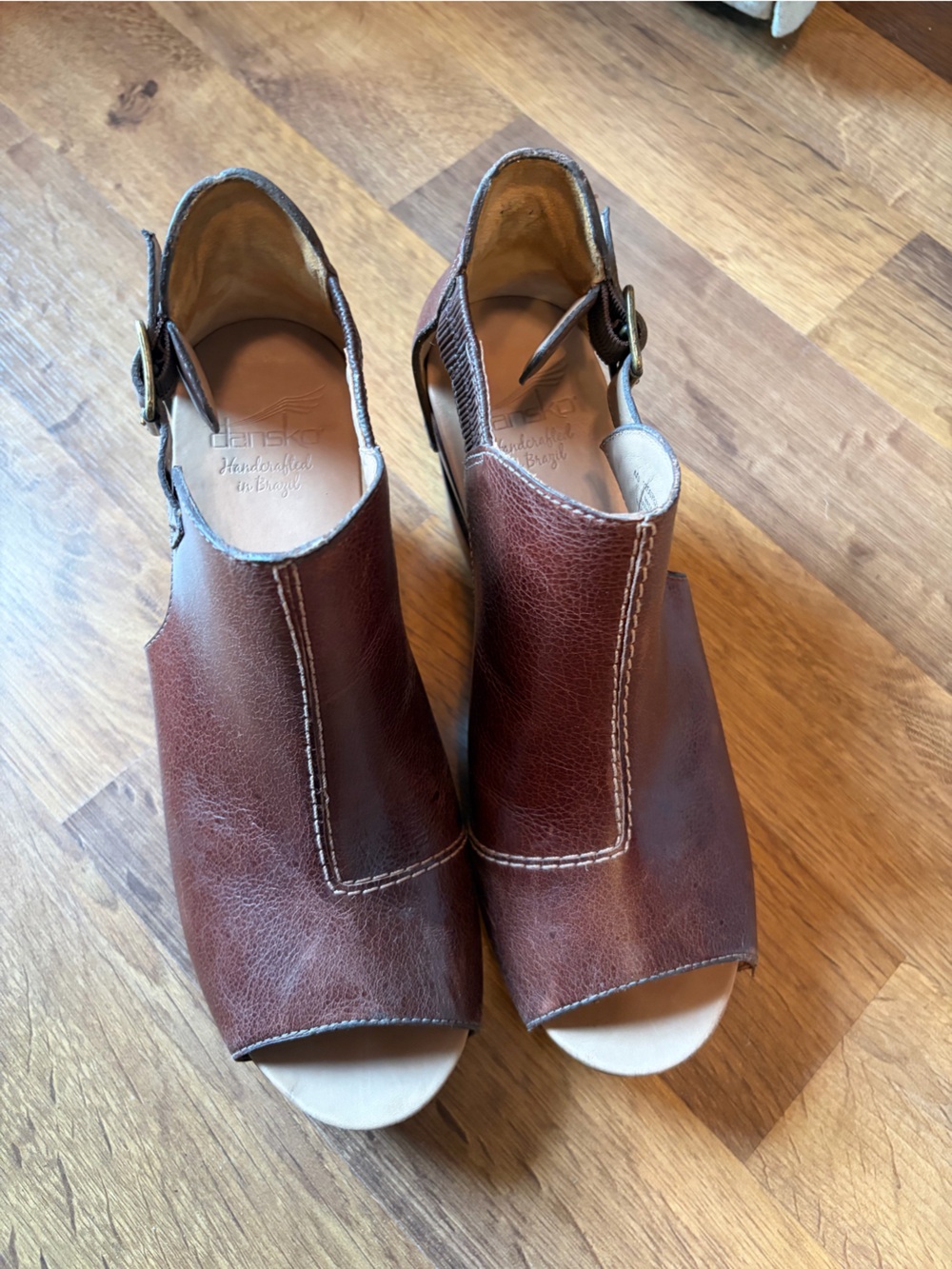 Dansko Platform Brown Leather Peep-Toe Slingback Wedge